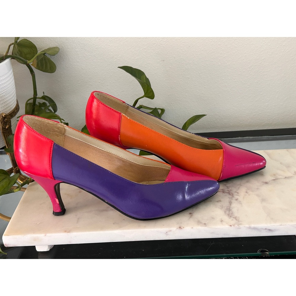 High Lights 1980s Colorblock Pointed Toe High Heels Purple Orange Pink Red 7.5
